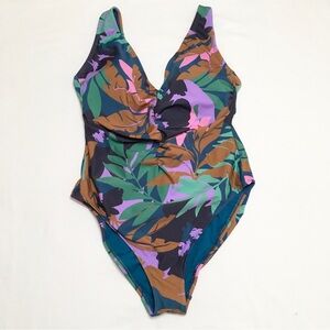 Shade & Shore Juniors' 17 Multicolor Plunge One-Piece Swimsuit Shirred Swimsuit